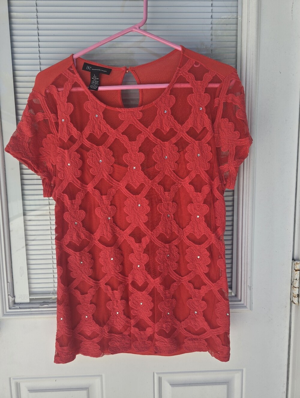 INC International Concepts Red Floral Lace Short Sleeve Top with Embellishments